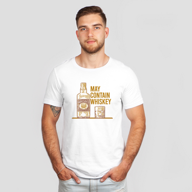may contain whiskey bottle colored white shirt